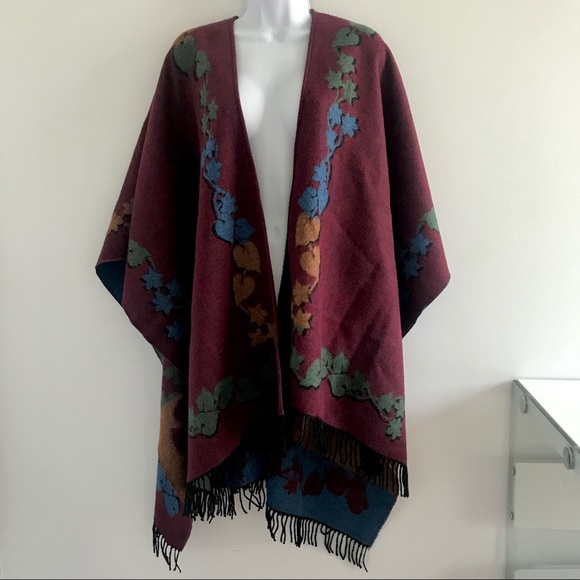 NWOT Ogilvy Careta Floral Burgundy Reversible Winter Poncho Shawl Y2K 90’s Fall - Picture 2 of 16